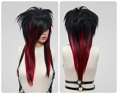 Black Red Spiky Mullet Emo Wig Bangs Long Full Density Styled Anime Goth Cosplay • $189.49