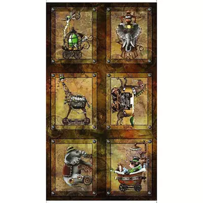 Steampunk Express Fabric Elephant Horse Giraffe Ostrich Cotton QT 24  Panel • $8.95