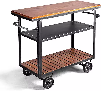 Vintage Rolling Bar Cart On Wheels Industrial Mobile Serving Cart Metal And Wood • $232.88