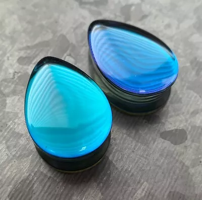 PAIR Midnight Moonstone Iridescent Glass Teardrop Plugs Double Flare Gauges • $13.95