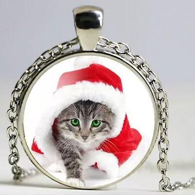  SANTA CHRISTMAS CAT HAT Large Pendant German Silver 20  Necklace Women Men Gift • $18.88