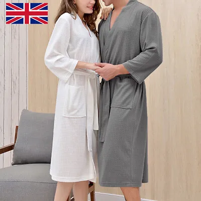 Unisex Bath Robe 100% Pure Cotton Kimono Waffle Lightweight Dressing Gown • £12.98