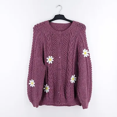 Hand Knit Size XL Mauve Purple Daisy Applique Cable Knit Acrylic Wool Cardigan • £24.99