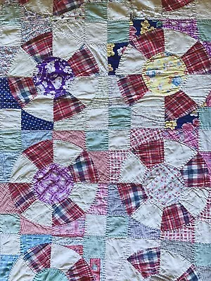 Vintage Multicolor Hand Stitched Wagon Wheel Quilt 66” X 67” • $55