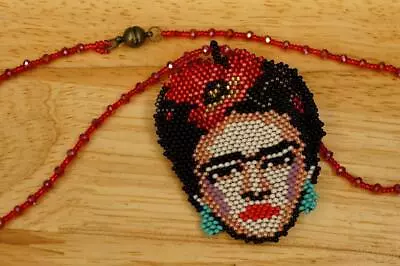 Mexico Artisan Jewelry Frida Kahlo Face Seed Bead Woven Pendant Necklace • $54.99