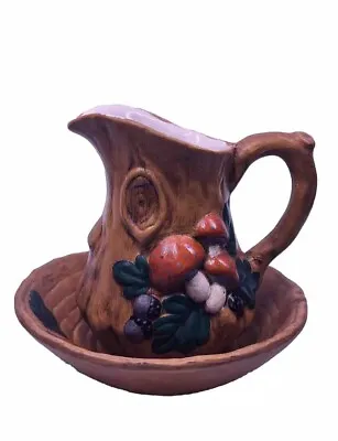 Vintage 70's Mushrooms Ceramic Pitcher W/Bowl Washbasin Cottagecore Hand Painted • $18