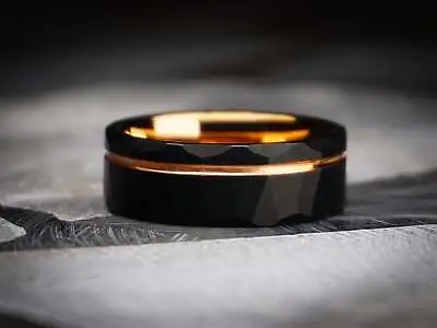 8mm Black Hammered Tungsten Ring Rose Gold Strip Mens Wedding Band • $162.18