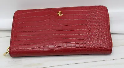 Ralph Lauren Zip Around Continental Wallet Red/Gold Crock Embossed  Leather $150 • $49.99
