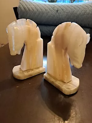 Set Of 2 Onyx Marble Trojan Horse Head Bookends 5 1/2  Tall • $20.99