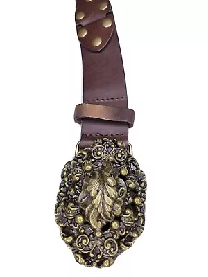 Cabi Sm Brown Women's Feather Medallion Leather Belt Western Cowboy Vintage Look • $24