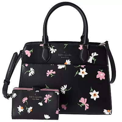 Kate Spade Madison Floral Waltz Medium Top Zip Satchel Black Multi + Wallet • $406.90