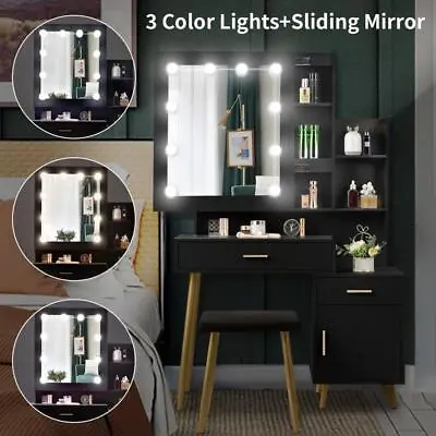 LED Makeup Vanity Table Set With 10 Lights Mirror Sliding Cabinet Dressing Desk • $169.99