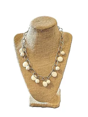 Costume Jewelry Necklace Silver Tone Metal Loops And White Beads • $6.99