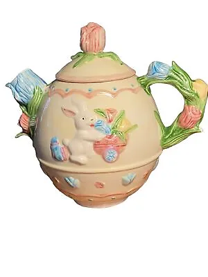 Vintage Spring Easter Ceramic Tea Pot Bunny Rabbit Flower Cart Eggs Multi Color • $8.48