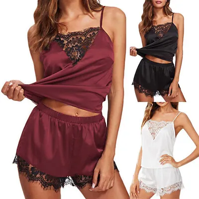 Ladies Pyjamas Set Sleepwear Pj Women Satin Silk Lace Cami Vest Shorts Lingerie • £2.99