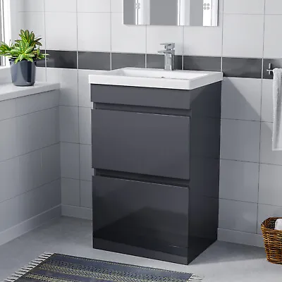 Nes Home 500mm Floor Standing Basin Vanity Unit 2 Drawers Handless Steel Grey • £159.99