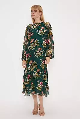 OASIS Romantic Floral Silk Mix Volume Sleeve Midi Dress • £22