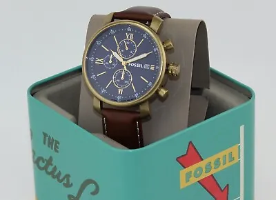 New Authentic Fossil Rhett Chronograph Gold Blue Brown Leather Bq2099 Mens Watch • $69.99