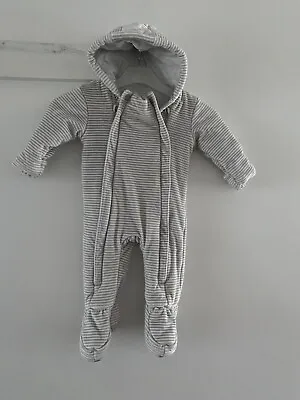 M&S Pramsuit White Stripe 2 Way Zip Cream Velour Snowsuit Coat All In One Stripe • £8.99