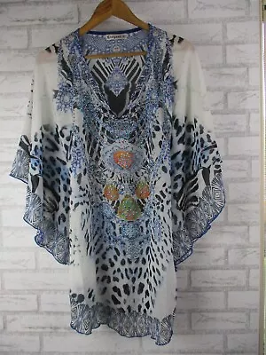 Elegant Womens Kaftan Top Embellished Blue Leopard Print M • $26