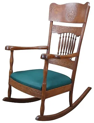 Antique Late Victorian Oak Pressback Upholstered Rocking Chair Rocker Cameo • $800
