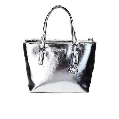 Michael Kors Jet Set Silver Metallic XS Carryall Top Zip Tote Bag Purse • $109