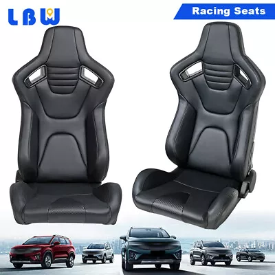 2PCS Reclinable Racing Seats Full Wraped Black PU Leather Bucket Seats 2 Sliders • $343.26