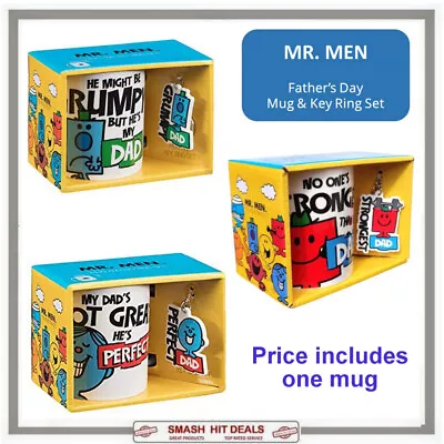 Mr Men Ceramic Mug With Keyring Set Mr Grumpy / Mr Perfect  & Mr Strong Gift Set • £11.99