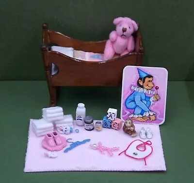 Vintage 1/12 Dollhouse Baby Cradle & Pink Accessory Lot D&m Miniatures • $24.99