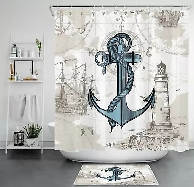 Lighthouse Sailboat Anchor Navigation Shower Curtain Bathroom Accessories Set • $10.99