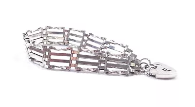 Vintage Bar Gate Bracelet 925 Sterling Silver Patterned Love Heart Padlock 14.6g • £35