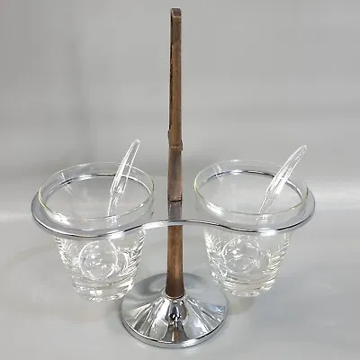 Vintage Kromex Condiment Server 2 Bowl Dish Glass Spoon Wood Chrome Relish Caddy • $9.99