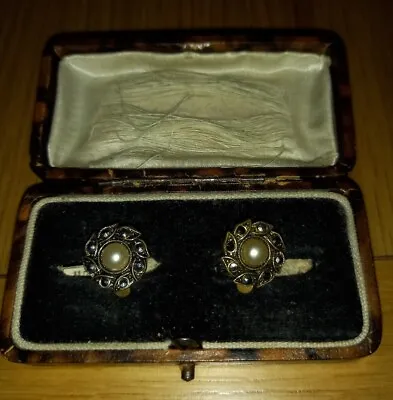 VINTAGE MARCASITE FAUX PEARL SMALL DAINTY CLIP ON EARRINGS 60s 70s BEAUTIFUL VGC • £6