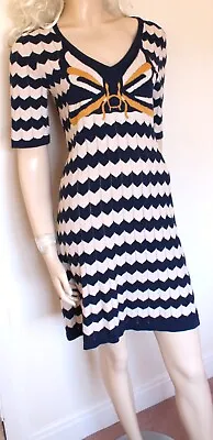Yumi Navy Cream Butterfly Print Striped Knitted Tunic Top Dress Size 12 Kitsch • £19.99