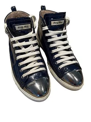 Miu Miu Navy Patent Leather High Top Lace Up Sneaker Silver Cap Toe Sz 37.5 • $58