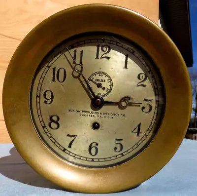 Vintage ~ CHELSEA SHIP'S CLOCK ~ BRASS ~ SUN SHIPBUILDING & DRY DOCK • $349