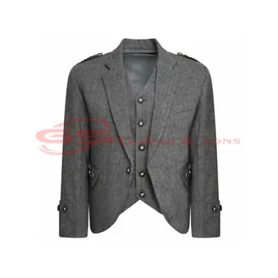 Scottish Gray Argyle Kilt Jacket With Waistcoat Tweed Wool Wedding Kilt Jacket • $75.99