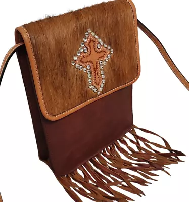 ❤MONTANA SILVERSMITHS Leather Western Fringe Crossbody Hair Rhinestones Cross❤️ • $89.99