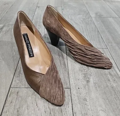 Vintage MAUD FRIZON Brown Crinkle Suede And Leather Heels Pumps 39/8-8.5M • $29.99