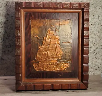 Vintage Relief Copper Repousse Hammered Art Wall Plaque Sailing Ship Signed • $54.98