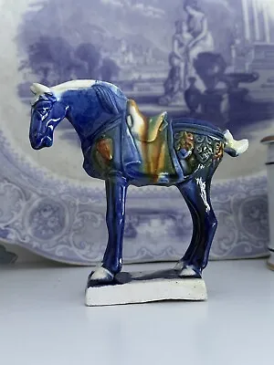  Vintage Chinese Glazed Ceramic TANG Sancai Dynasty Style Warhorse In Blue. • £30