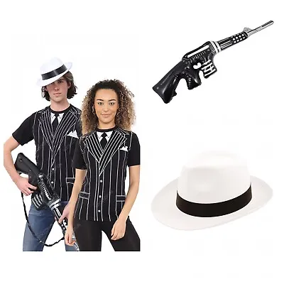 Adults 3pc Gangster 80s 90s Pimp Costume Fancy Dress Outfit Hat Gun T-shirt • £9.49