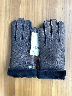 NWT UGG Sheepskin Slim Side Vent Gloves Metallic Black Real Fur Suede Size M  • $58.99