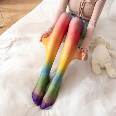 Ladies Rainbow Print Faux Silk Colorful Pantyhose Stocking Hosiery Tights Party • £8.99