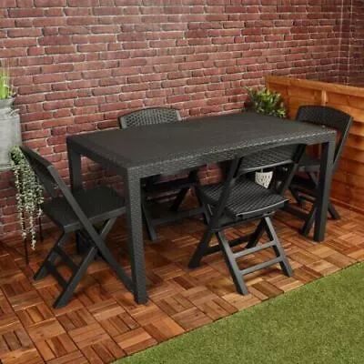 Black Plastic Rattan Table & 4 Folding Chairs Outdoor Patio Garden Furniture • £151.99