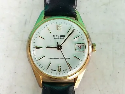 Manson Watch Calendar Date Swiss Men's 34mm Wristwatch W Band NEEDS REPAIR 1970s • $29.95