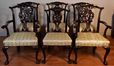 1920 Antique English Chippendale Solid Dark Mahogany Set Of Six Dining Chairs • $2000