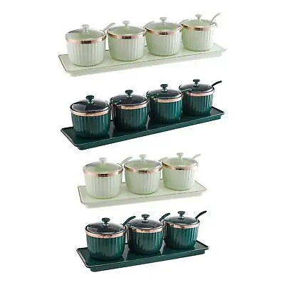 Salt Container Set With Lid Spoon Tray Spice Jar Condiment • £12.72