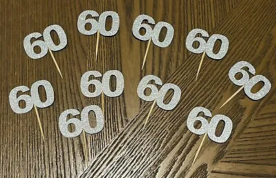 60th Birthday Cupcake Bun Picks Toppers Handmade Silver Glitter X10 • £2.79