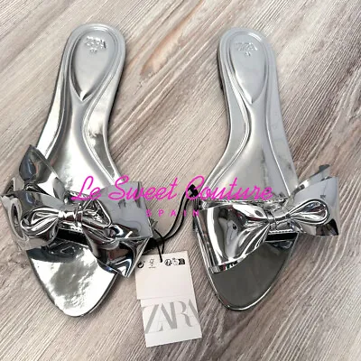 $48.90 • Buy Zara Woman Nwt Ss23 Flat Sandals With Bow Metallic Silver All Sizes 3688/210